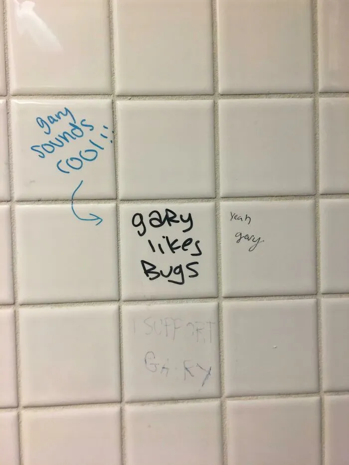 Graffiti on white bathroom tiles with playful vandalized public property messages about Gary and bugs.