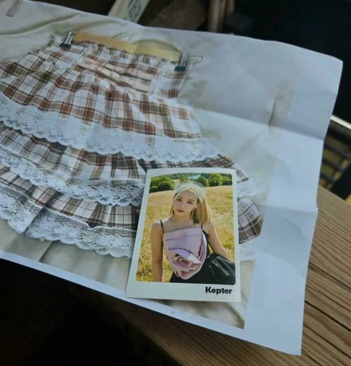 Photo of a plaid skirt with lace trim and a misplaced photo, illustrating wild Vinted posts in online selling.