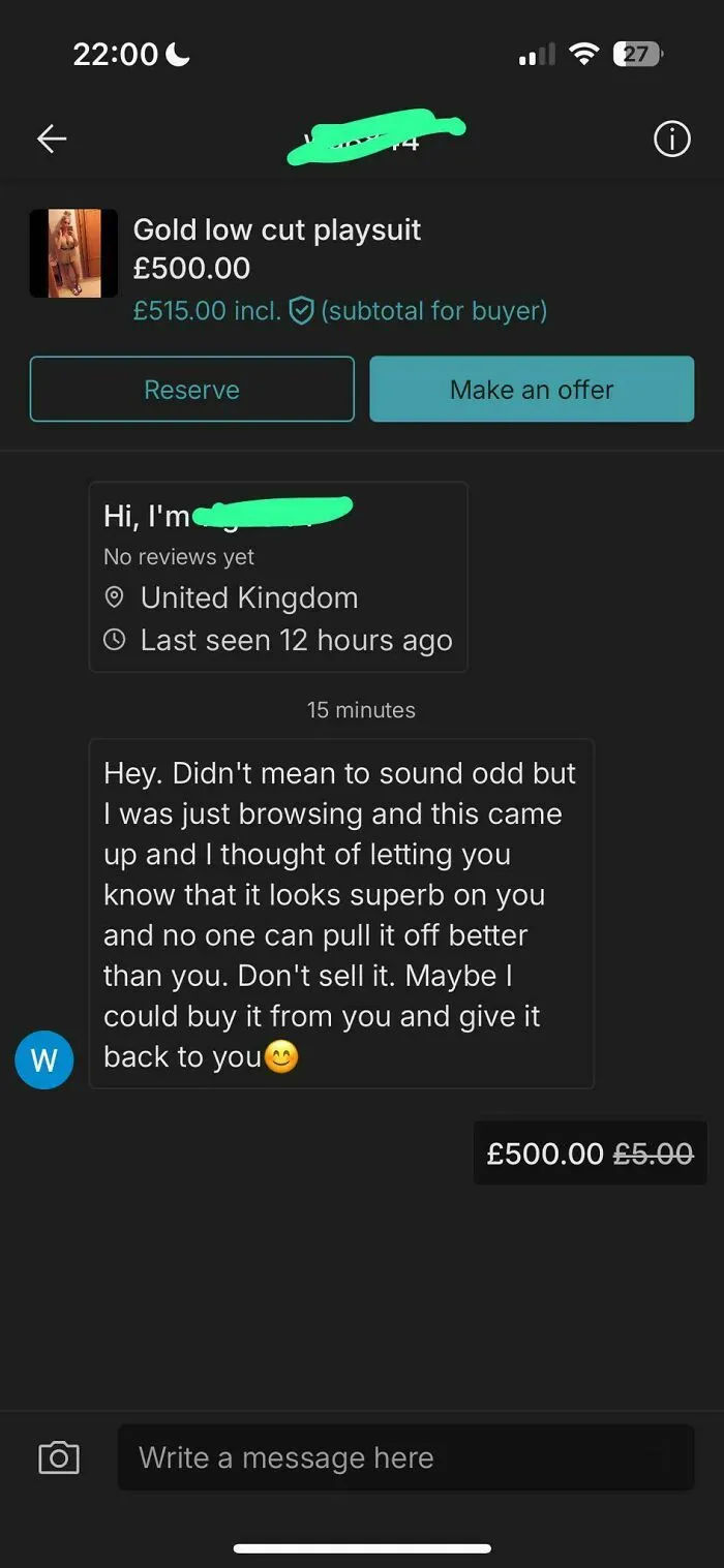 Screenshot of a Vinted chat showing a buyer's unhinged message about a gold playsuit listing.