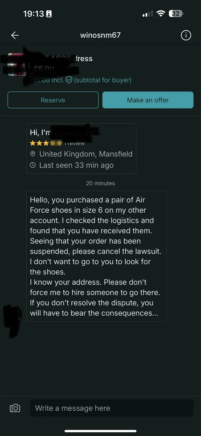Screenshot of an unhinged Vinted post with a threatening message about a suspended order dispute.