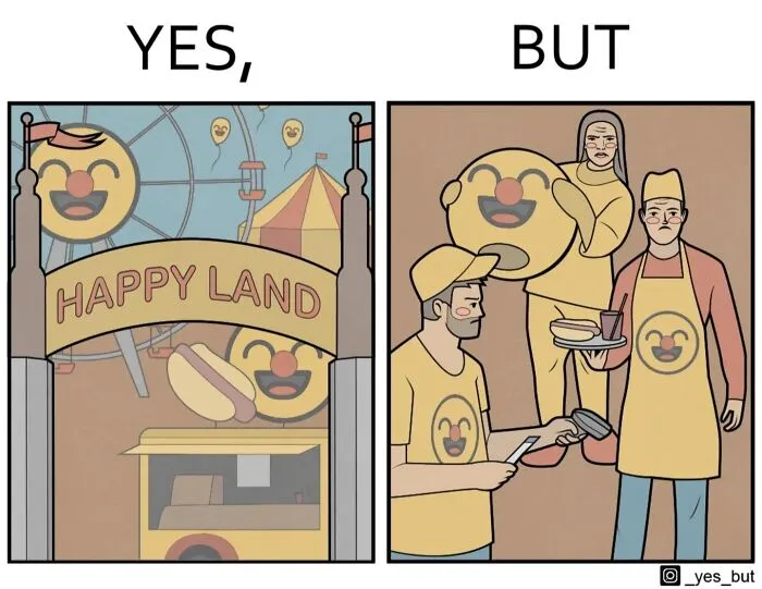 Yes, But comic by Anton Gudim showing a contrast between cheerful amusement park and serious workers in matching outfits.