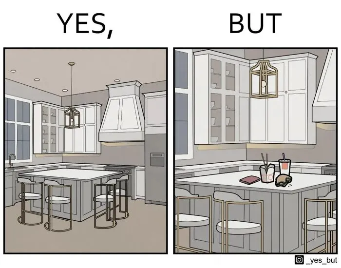 Minimalist kitchen comic by Anton Gudim showing an empty clean space versus cluttered with food and drinks on the counter.