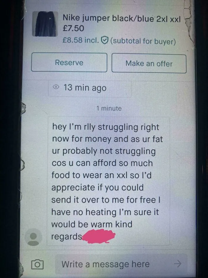 Chat message on Vinted requesting free clothes, showcasing how unhinged online selling interactions can get.