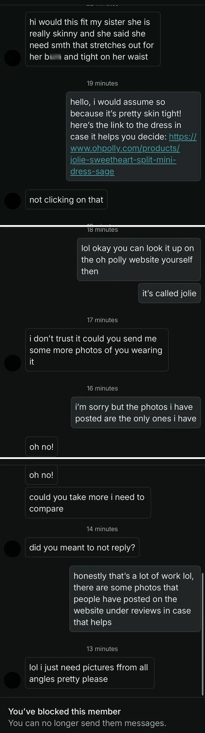 Chat screenshots showing a buyer asking repeatedly for more photos and details in a wild Vinted post conversation.
