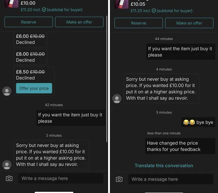 Chat conversation on Vinted showing a buyer and seller negotiating prices in unhinged online selling interactions.