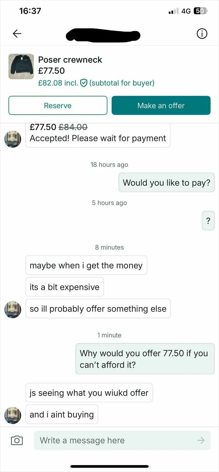 Chat conversation on Vinted showing buyer hesitating to pay for a poser crewneck priced at £77.50 in online selling chaos.