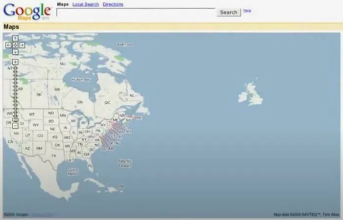 Google Maps interface showing a detailed map of the eastern United States and surrounding areas with state abbreviations.
