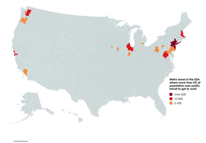Map showing metro areas in the USA where more than 5% of the population uses public transit to get to work.