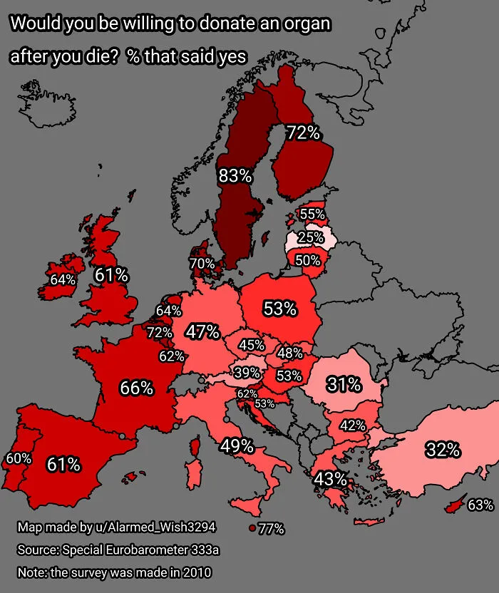 Map showing percentages of Europeans willing to donate organs after death, highlighting key statistics in informative maps perspective.