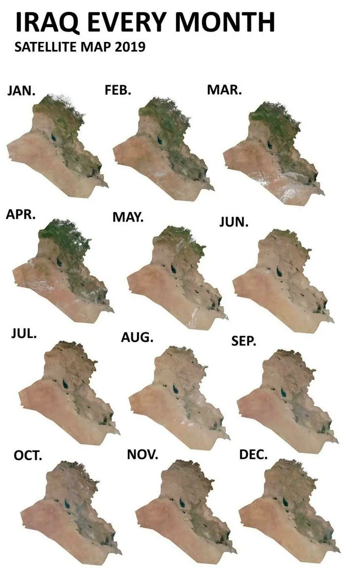 Satellite maps showing monthly landscape changes across Iraq in 2019, highlighting seasonal variations and environmental patterns.