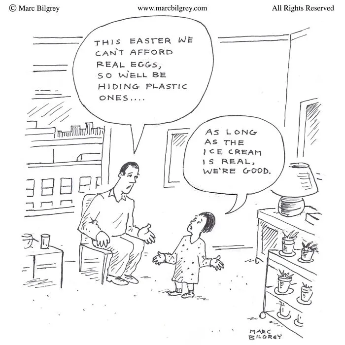Marc Bilgrey cartoon shows everyday irony with a father and child discussing hiding plastic eggs and real ice cream.