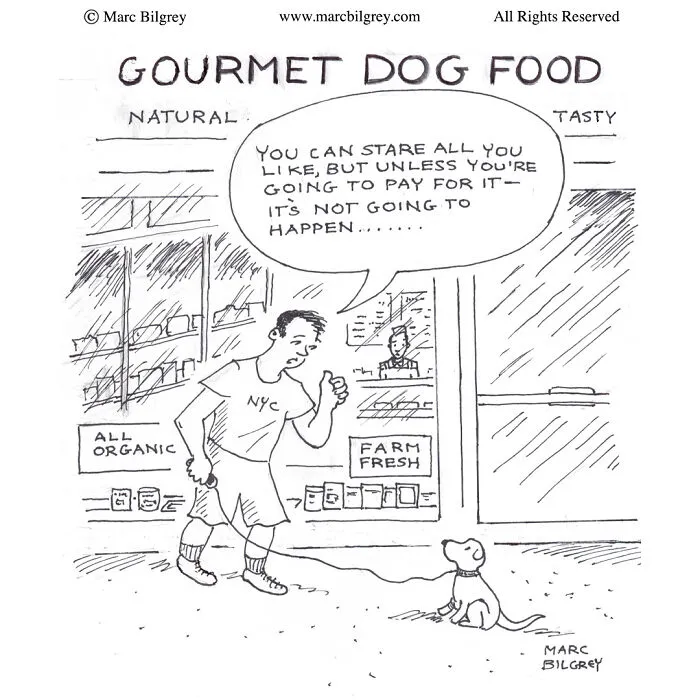 Marc Bilgrey cartoon shows a man explaining everyday irony outside a gourmet dog food store to his dog.