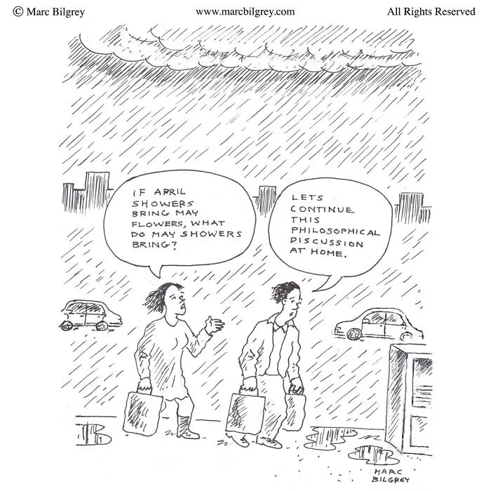Two people walking in heavy rain with briefcases, showing Marc Bilgrey’s one-panel wonders and everyday irony.