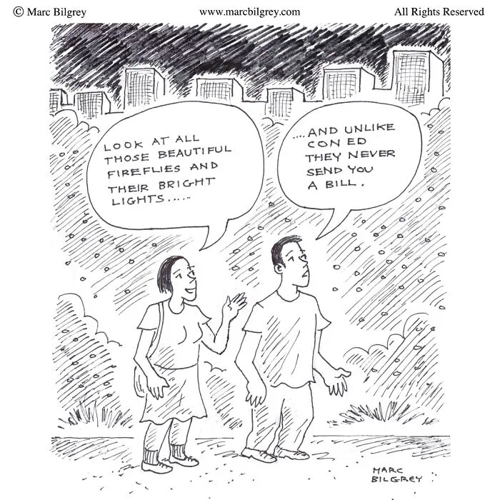 Two people admire fireflies and their bright lights in a cartoon by Marc Bilgrey featuring everyday irony in a single frame.
