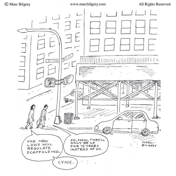 Black and white cartoon illustrating everyday irony about new laws regulating scaffolding, by Marc Bilgrey.