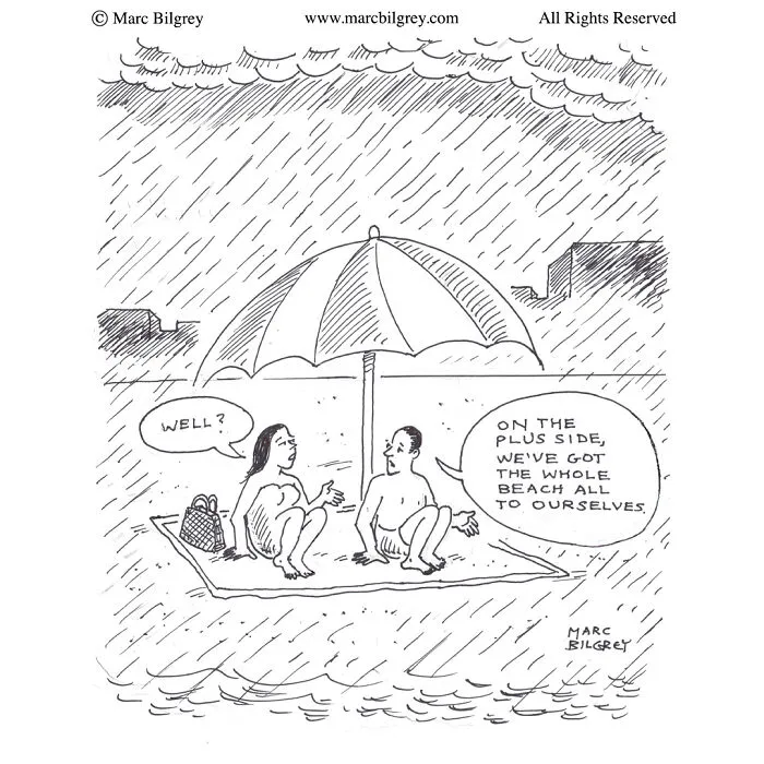 Two people sit under an umbrella in heavy rain at the beach, showcasing Marc Bilgrey’s everyday irony in a single panel.