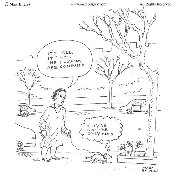 Black and white cartoon by Marc Bilgrey showing everyday irony with a confused woman and her dog in a park setting.