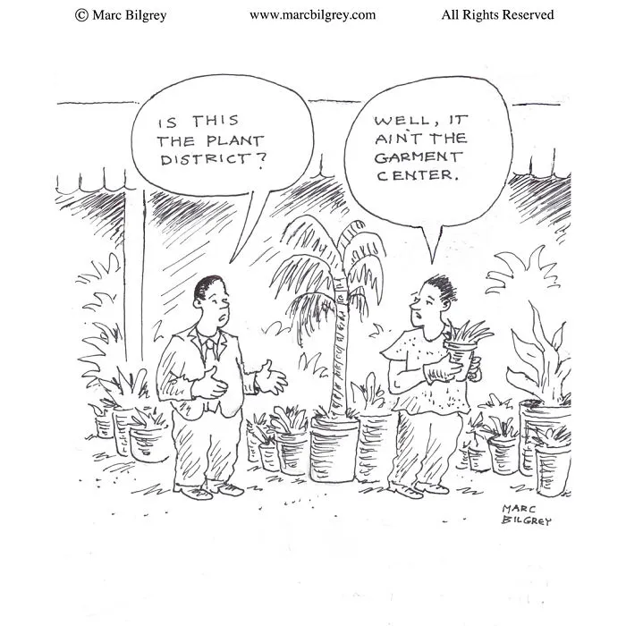 Two men in a plant shop having a humorous exchange, showcasing Marc Bilgrey’s everyday irony in a single frame.