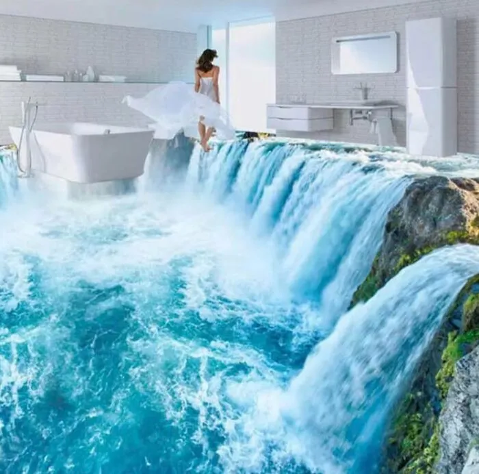 Una empresa que afirma crear "arte realista en 3D para pisos". Muchas preguntas: ¿Por qué querrías una cascada en el piso de tu baño? ¿Por qué el vestido ondea al viento?