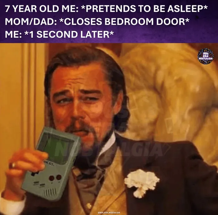 Man in vintage suit holding a Game Boy, 90s nostalgia meme about pretending to be asleep as a kid.