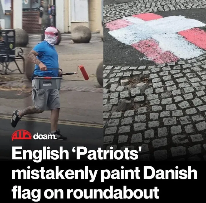 English 'Patriots' Mistakenly Paint Danish Flag On Roundabout