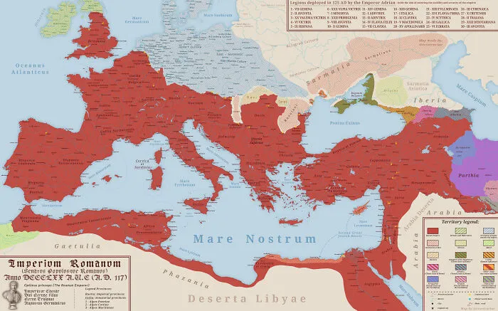 Ancient Roman Empire territory map showing regions across Europe, North Africa, and the Middle East with detailed labels.