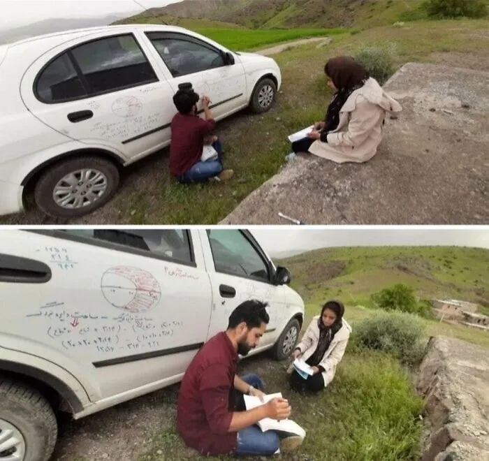 Iranian Teacher Drives To The Village To Teach His Only Student In There, Using His Car As A Whiteboard