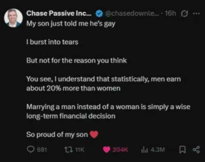"Marrying A Man Instead Of A Woman Is Simply A Wise Long-Term Financial Decision"