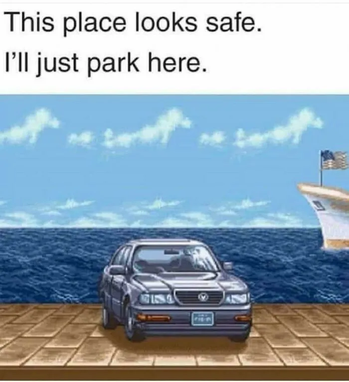 Car humor meme from 90s posts showing a car parked on a pier with ocean and ship in the background