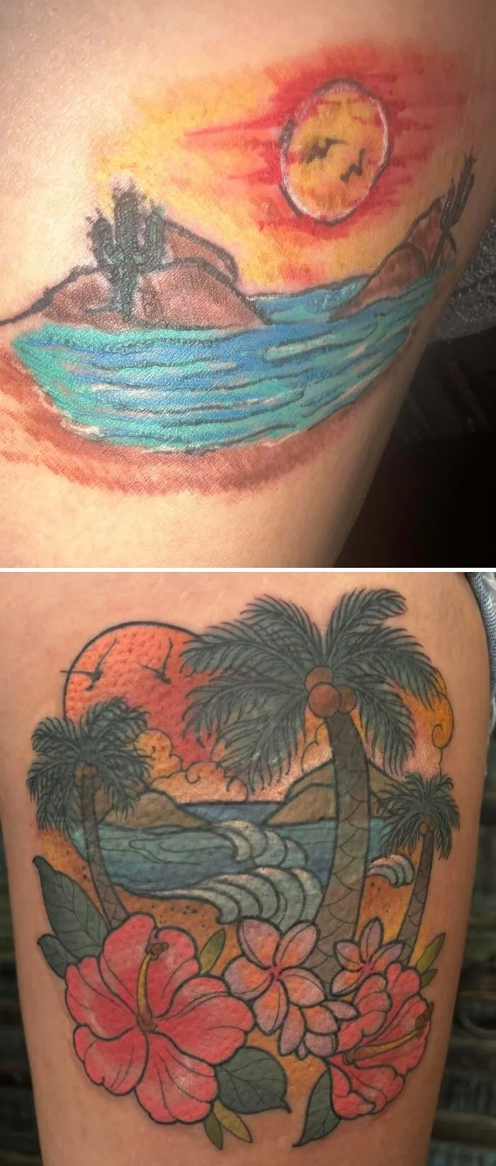 Before and after tattoos showing a sunset beach scene upgraded with palm trees and hibiscus flowers tattoo regrets.
