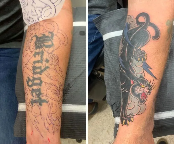 Before and after images of a forearm tattoo upgrade featuring a black panther replacing old lettering tattoo regrets.