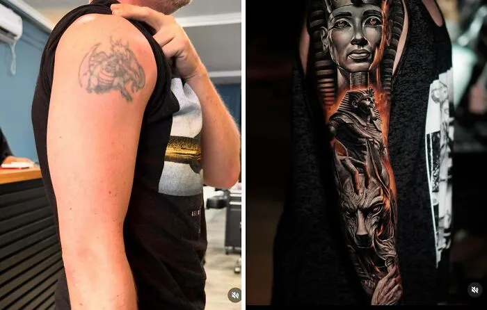 Before and after tattoo transformation showing major upgrade from faded design to detailed full sleeve tattoo.