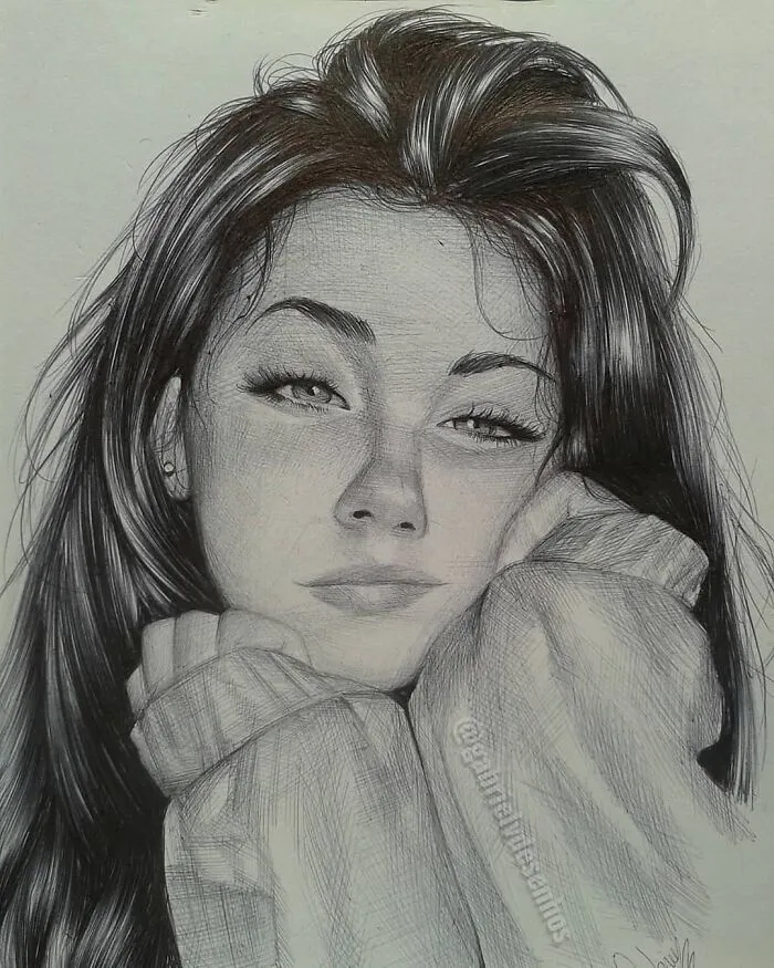Realistic ballpoint pen portrait of a woman with detailed hair and facial features, showcasing impressive artist ballpoint pen skills.