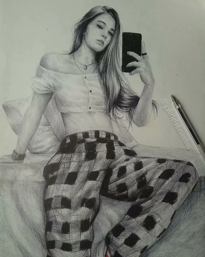 Detailed ballpoint pen portrait of a woman with long hair, wearing a checkered pants and holding a phone for a selfie.