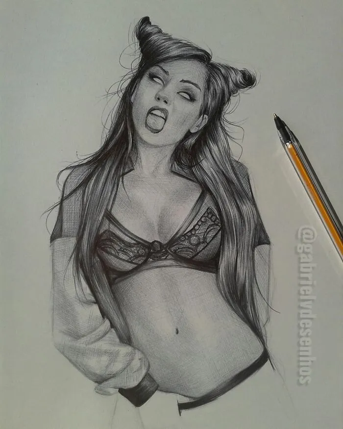 Photorealistic ballpoint pen portrait of a woman with long hair and playful expression, showcasing detailed pen drawing skills.