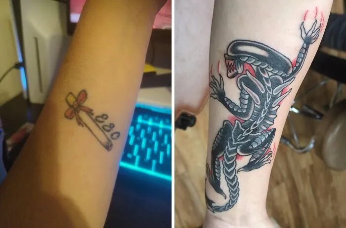 Before and after tattoo cover-up on forearm, showing a major upgrade of tattoo regret with detailed alien design.