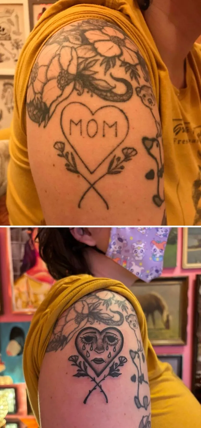 Before and after tattoo transformation on upper arm covering a simple mom heart design with a detailed crying heart face.