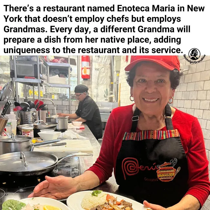 Grandma in a New York restaurant cooking traditional dishes, showcasing heartwarming stories to cleanse your feed from negativity.