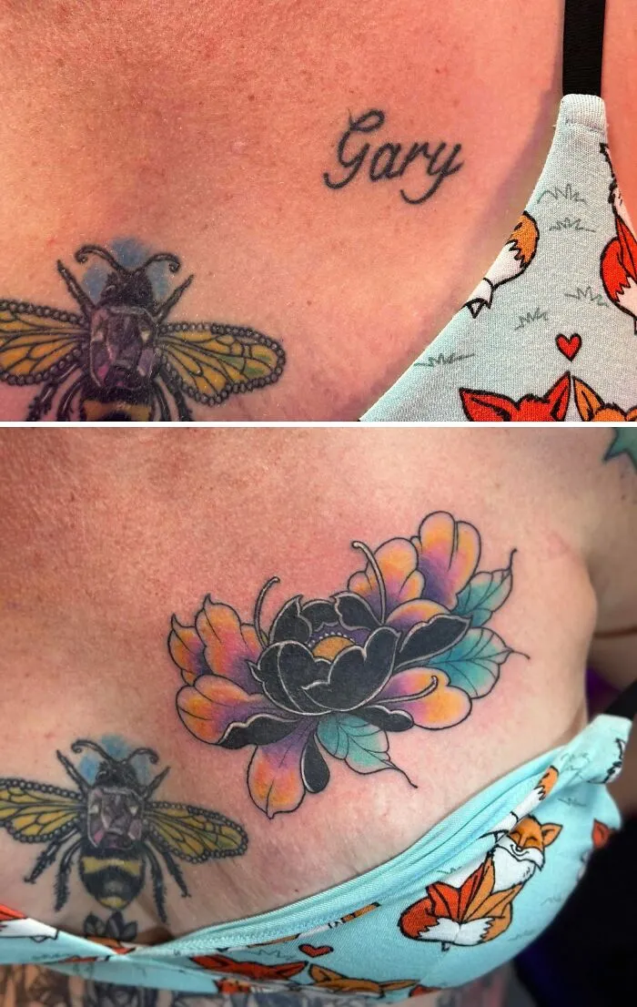 Before and after tattoo cover-up showing a colorful floral design replacing old ink, illustrating tattoo regrets and upgrades.