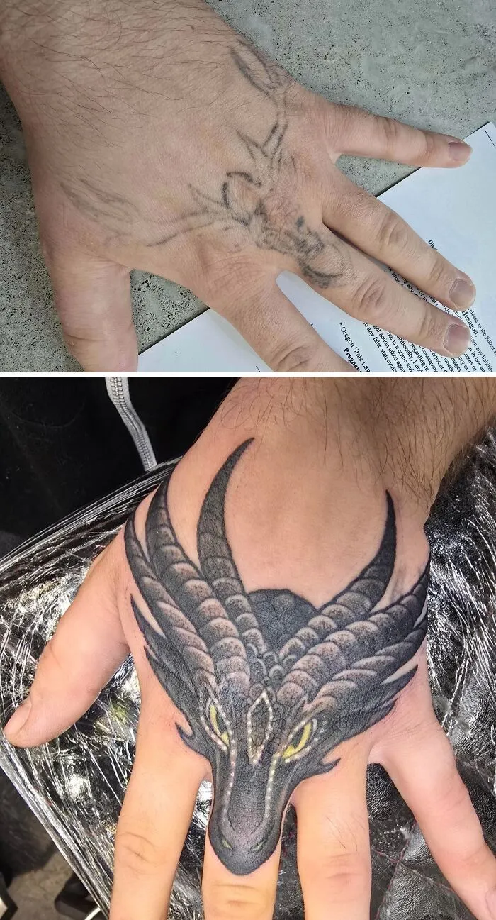 Faded hand tattoo covered by a detailed black and gray dragon redesign showing tattoo regrets and upgrades.