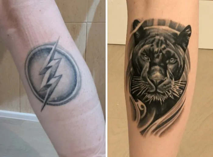 Before and after tattoo upgrade showing a simple lightning bolt replaced by a detailed panther design.