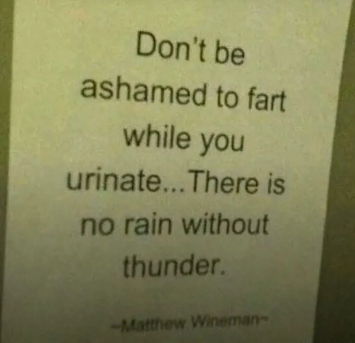 Funny and bizarre image showing a humorous quote about not being ashamed to fart while urinating, combining the holy and cursed.