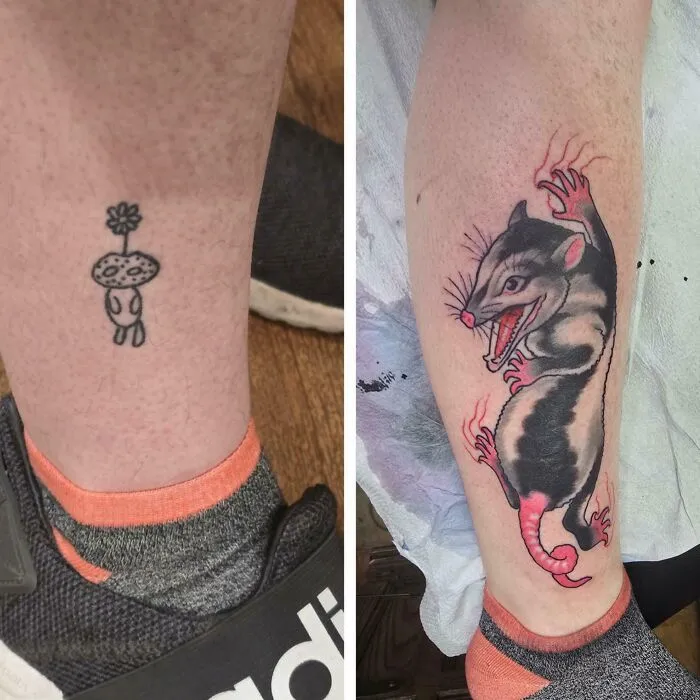 Small simple tattoo on ankle transformed into a vibrant rat tattoo with detailed shading and color on the calf.