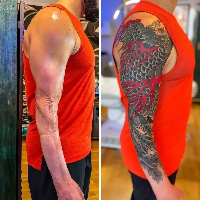 Covering Skin Grafts And Scars With A Phoenix Tattoo By Adam Sky, San Francisco, California