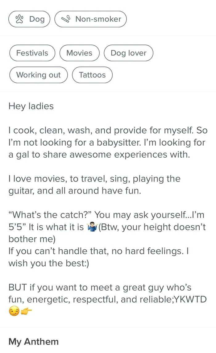 Tinder bio example for guys showcasing hobbies, personality traits, and confidence in a dating profile format.