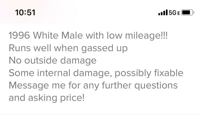 Funny Tinder bio for guys comparing himself to a car, highlighting humor and self-description in a dating profile.