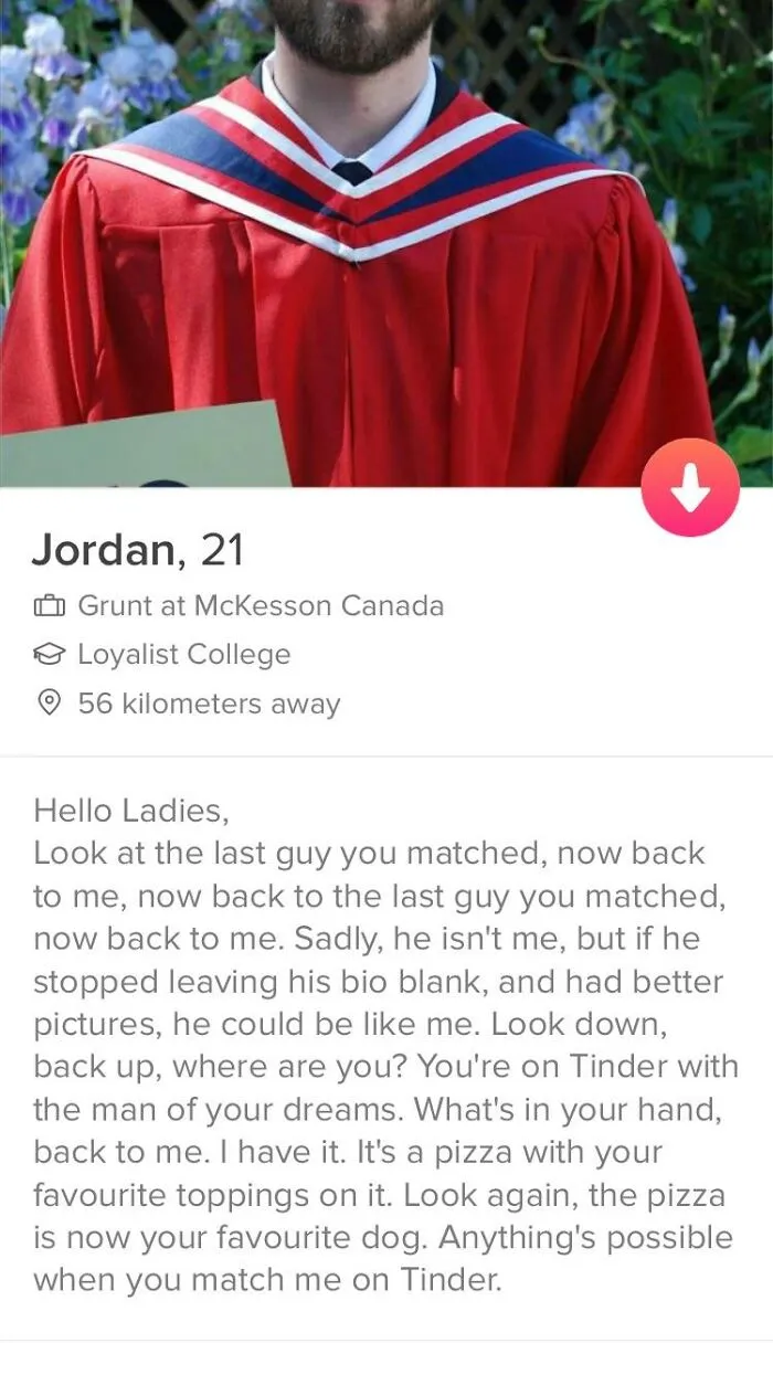 Tinder profile of a guy in a red graduation gown with a witty bio from the best Tinder bios for guys collection.