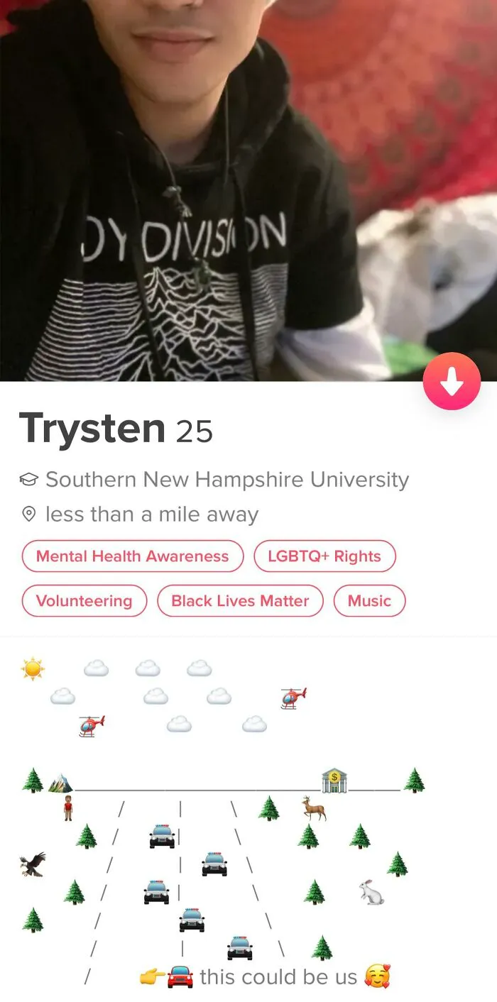Tinder bio of a 25-year-old showing interests like mental health and LGBTQ rights with a creative emoji message for guys.