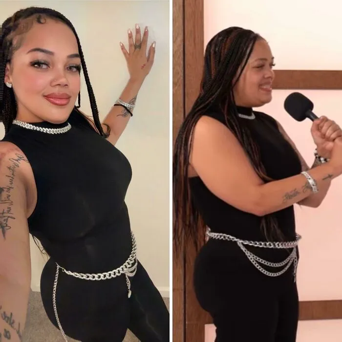 Mujer con trenzas y ropa negra posando en fotos que parecen poco reales, mostrando falta de conexión con la realidad.