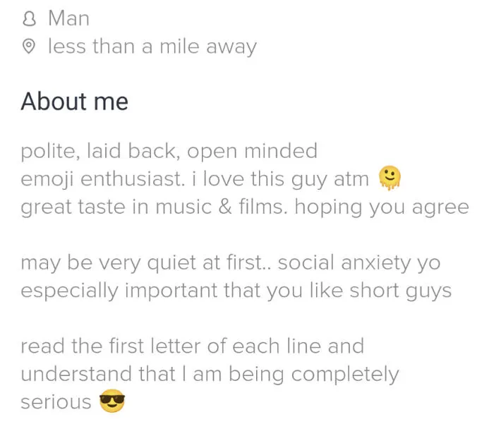 Tinder bio example for guys showing personality traits and humor with a creative hidden message for dating profiles.